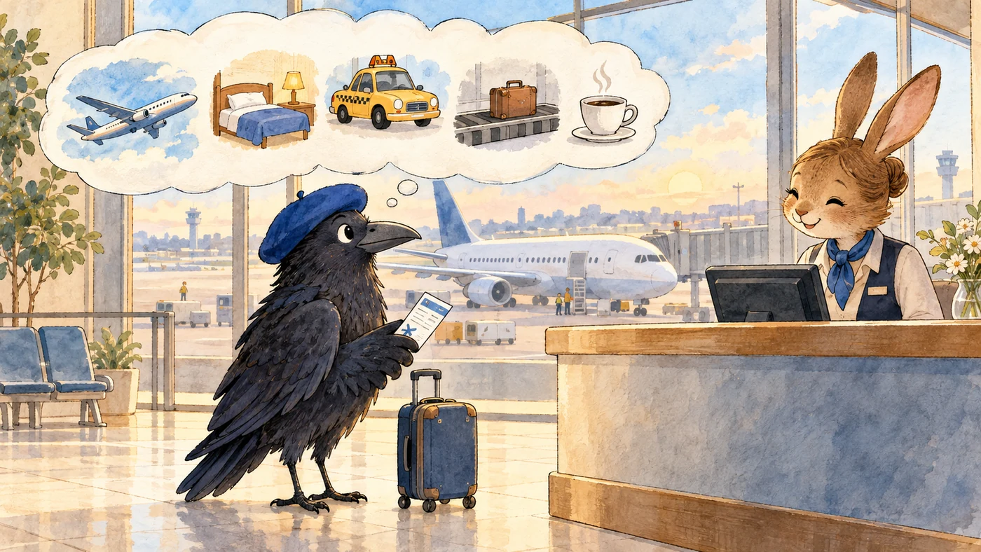 Dessin à l'aquarelle : un corbeau avec un béret bleu se tient avec une valise au comptoir d'enregistrement de l'aéroport et tient un billet dans son aile, au-dessus de lui un nuage avec des pictogrammes d'avion, de lit d'hôtel, de taxi, de valise sur tapis roulant et de tasse de café