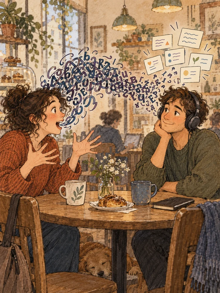 Illustration : une personne avec des écouteurs est assise dans un café, une longue bande de lettres collées ensemble s'étire d'un haut-parleur vers elle, et près de son oreille, elle se décompose en cartes de mots individuelles
