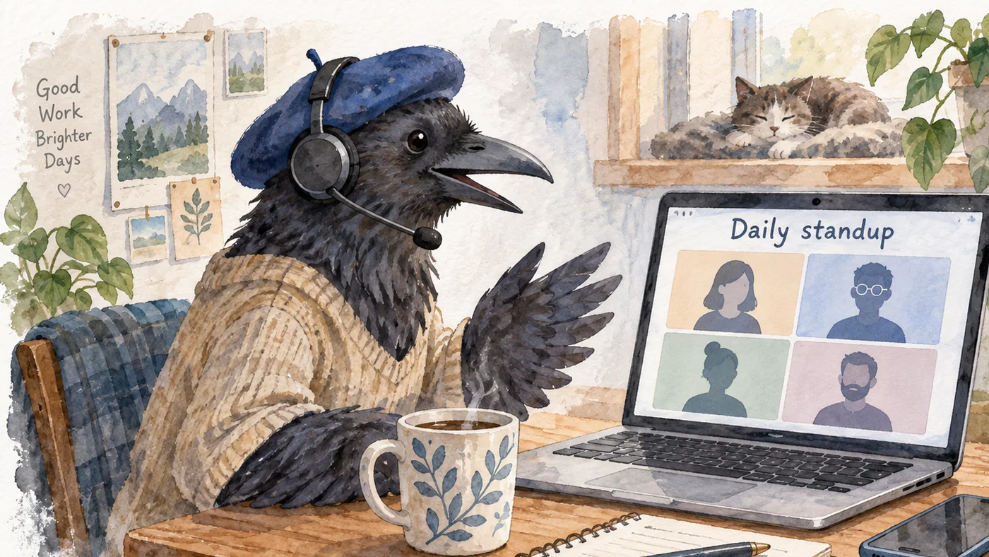 Dessin à l'aquarelle : un corbeau avec un béret bleu et un casque-micro est assis à un bureau, devant un ordinateur portable avec un appel vidéo de quatre participants et la légende « Daily standup », à côté une tasse et un carnet