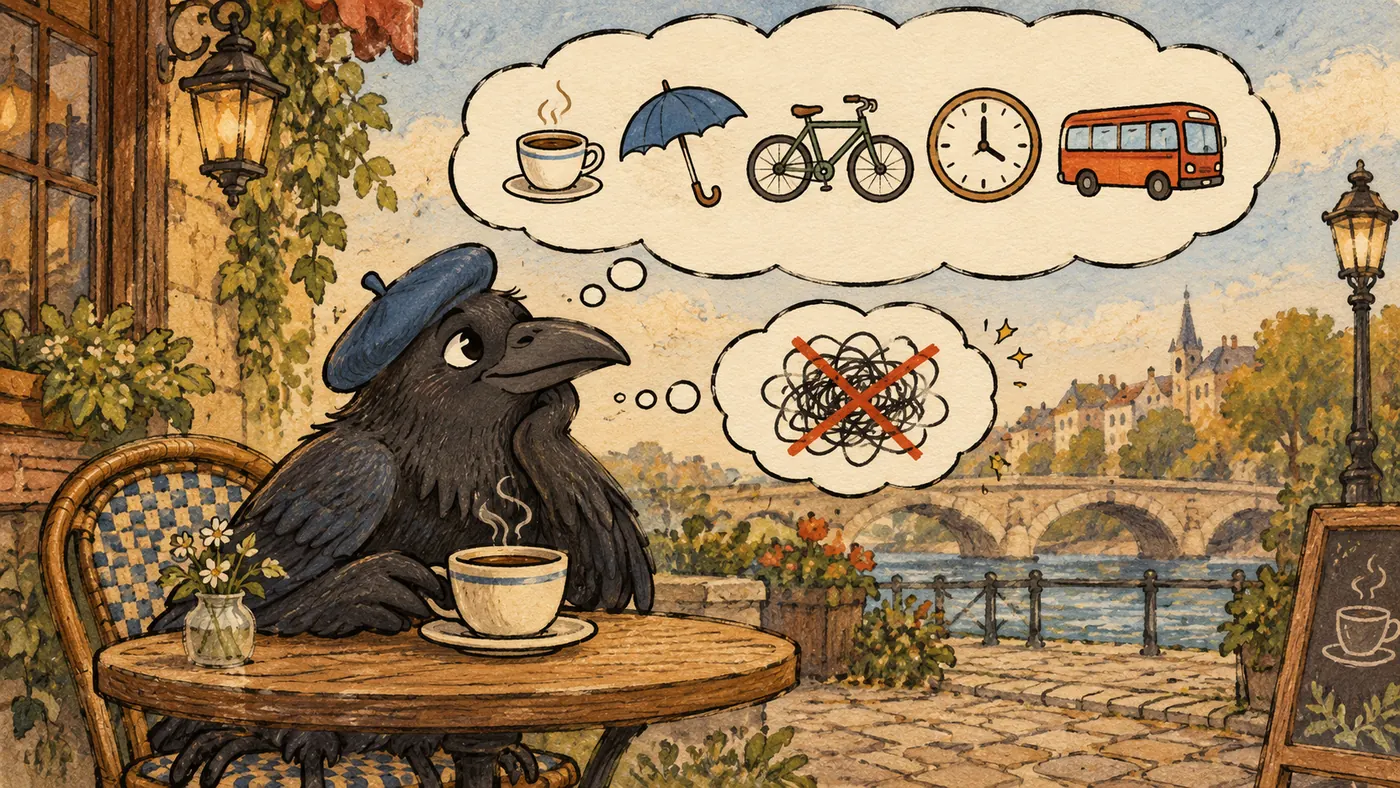 Illustration : un corbeau avec un béret bleu est assis à une table de café avec une tasse de café, au-dessus de lui un nuage de pensées composé de pictogrammes — une tasse, un parapluie, un vélo, une horloge et un bus — et à côté un nuage barré de gribouillis