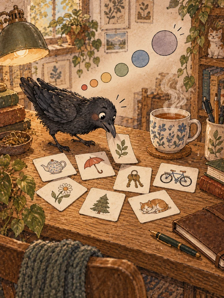 Image : sur la table sont étalées des cartes avec des dessins de théière, de parapluie, de clés et de vélo, au-dessus d'elles six cercles-étapes, un corbeau retourne une carte avec son bec