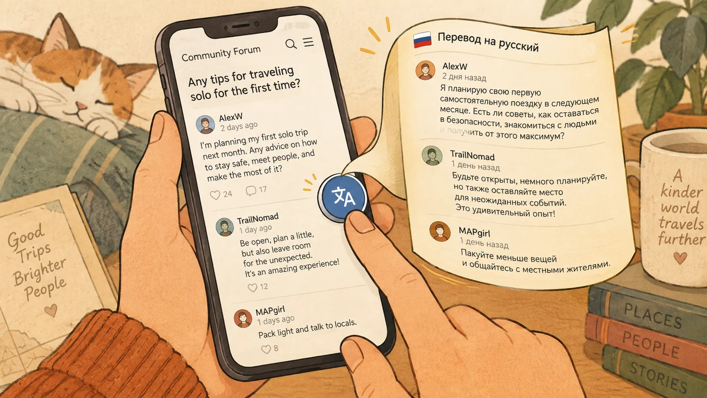 Illustration : un téléphone avec un fil de discussion de forum en English, un bouton de traduction rond superposé à l'écran, et à côté, une feuille se déplie avec les mêmes répliques en russe