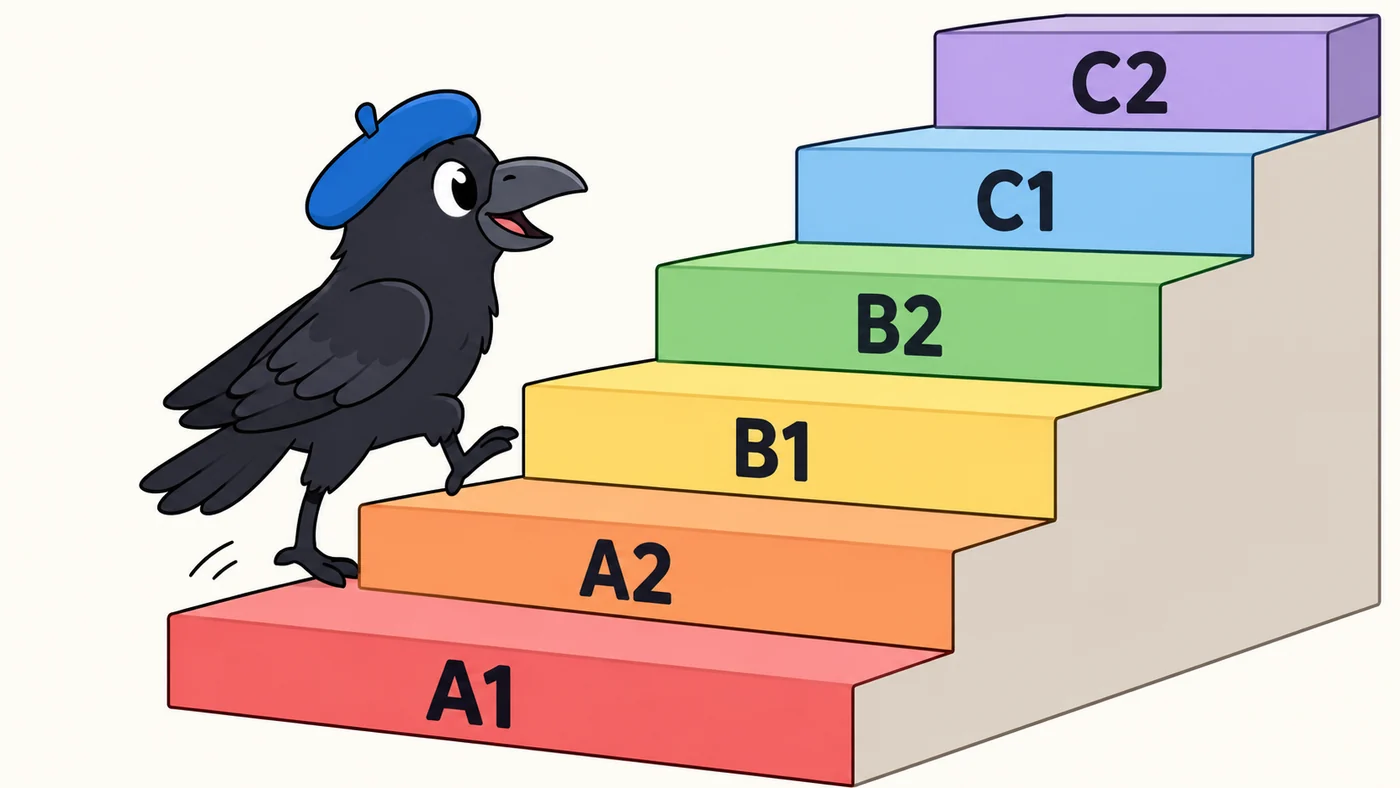Illustration : un corbeau avec un béret bleu monte un escalier multicolore, dont les marches sont étiquetées A1, A2, B1, B2, C1 et C2