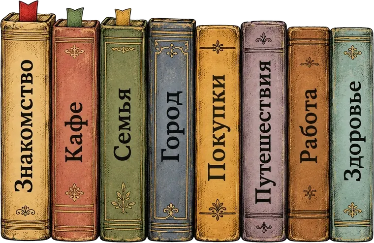 Huit livres : Présentation, Café, Famille, Ville, Shopping, Voyages, Travail, Santé
