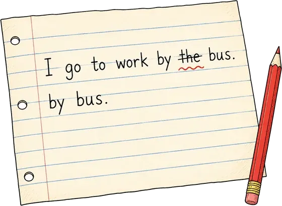 I go to work by the bus — le mot the est barré, en dessous by bus